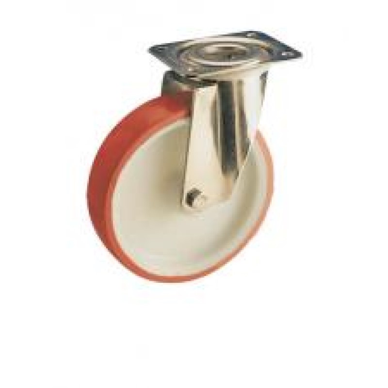 SUPPORTO A PIASTRA GIREVOLE INOX AISI304 RUOTA NYLON POLIURETANO D.100 CUSCINETTI
